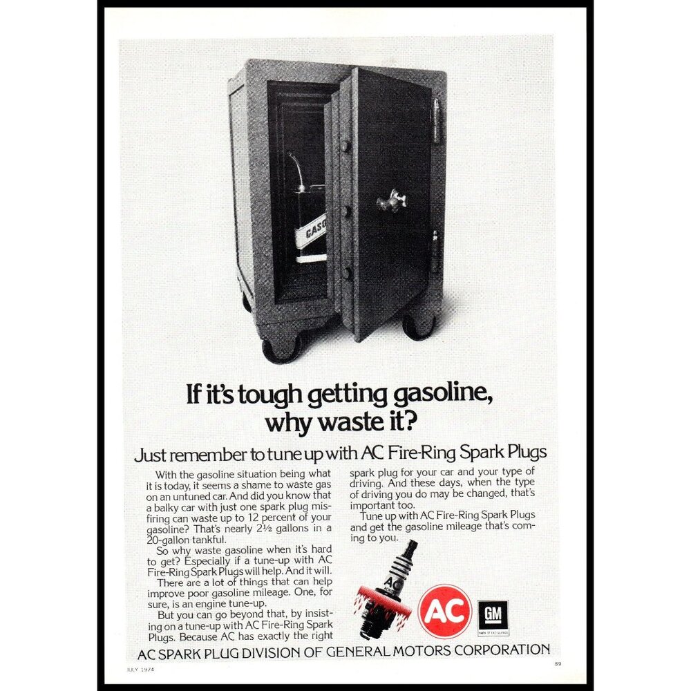 1974 AC Fire Ring Spark Plugs Vintage Print Ad Fuel Crisis Vault Safe Wall Art